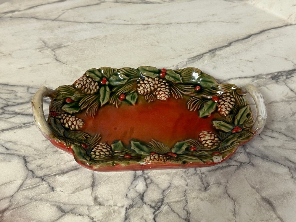 Vtg Christmas Ceramic Candy Dish Tray Handled Pinecone Holly Berry Platter 8.5"
